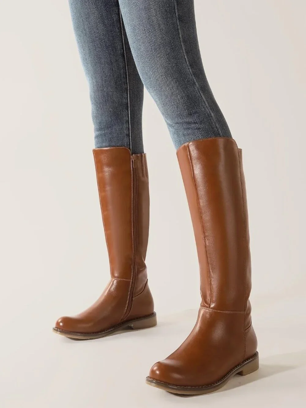 Women's  Brown Pu Knee High Boots Flat Low Heel with Side Zipper
